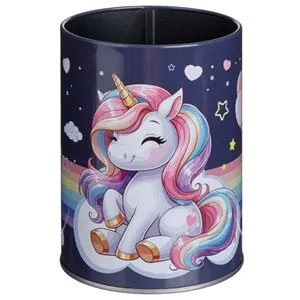 Suport pentru pixuri și creioane, metalic, albastru, cu model unicorn, Ø8x10cm