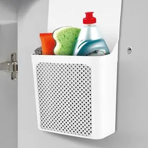 Coș organizator din plastic alb cu suspendare pe dulap, 23,5x9x34 cm