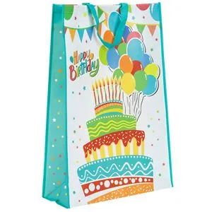 Sacosa cadou din PP, Alba, cu Model Tort si Baloane Happy Birthday, 49x18x70cm
