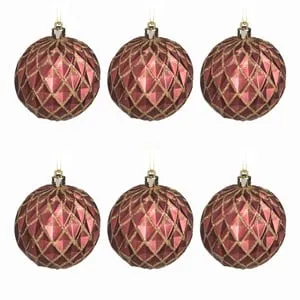 Set Globuri de Craciun Bordo cu Romburi Reliefate Mate și Glitter Auriu Ø8cm - 6