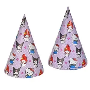 Coifuri din Carton de Petrecere Lila cu Buline Model Hello Kitty & Kuromi 16cm - 6buc