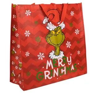 Sacosa reutilizabila de Craciun din PP, Rosie, cu Model Grinch, 50x20x50cm