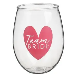 Pahar scurt din plastic transparent cu inimă fucsia și imprimare Team Bride, 470 ml