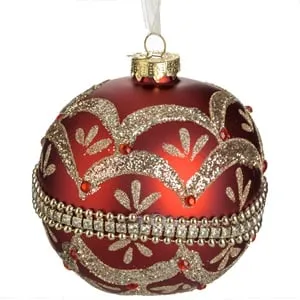 Ornament Brad de Craciun Glob din Sticla Rosie cu Glitter Auriu