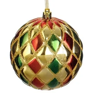 Ornament Brad de Craciun Glob cu Romburi Rosii Verzi și Glitter Auriu