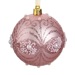 Ornament Brad de Crăciun Glob Roz cu Glitter și Margele