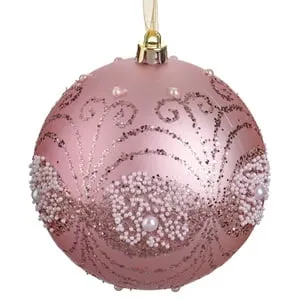 Ornament Brad de Crăciun Glob Roz cu Glitter și Margele Albe