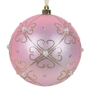 Glob Decorativ de Crăciun Roz Mat cu Model Floral Auriu
