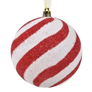 Glob Decorativ de Craciun cu Dungi Candy și Sclipici Roșu Ø10cm