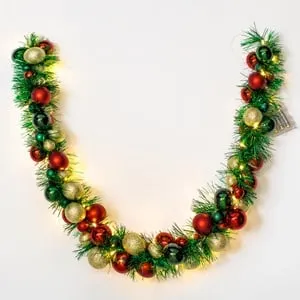 Ghirlandă Decorativă de Crăciun Verde cu Globuri Tinsel și Becuri LED
