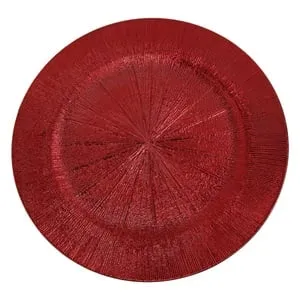Platou decorativ rotund roșu cu model radial, ideal pentru aranjamente festive