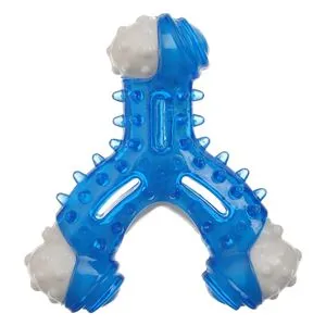 Jucarie dentara pentru caini forma de os albastra 11 cm