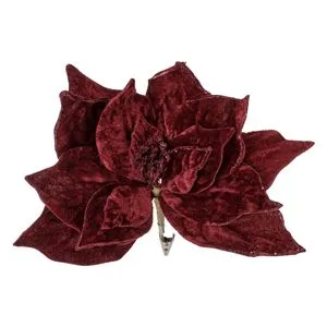 Floare decorativă de Crăciun, Bordo cu Glitter și Clips, 23 cm