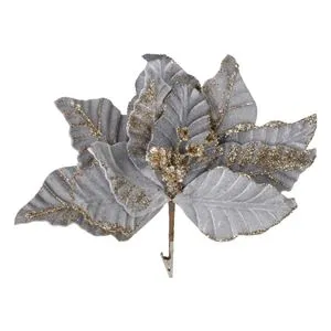 Floare Decorativă de Craciun Gri cu Glitter Auriu și Clips