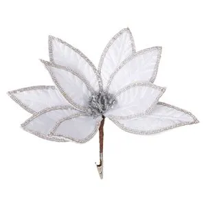 Floare decorativa de Craciun cu clips, alba, cu strass si glitter argintiu, 26 cm