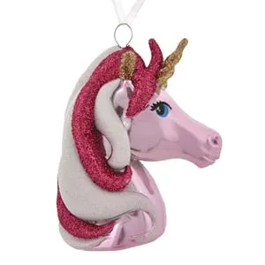 Cap de Unicorn 3D pentru Brad de Craciun cu Glitter Fucsia și Alb