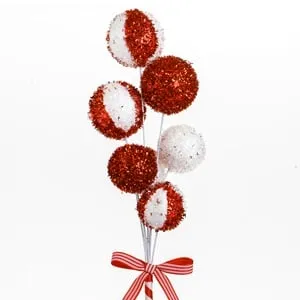 Ornament de Crăciun stick cu globuri candy roșii albe și beteale