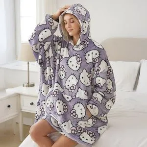 Pijama Hoodie Dama Lila cu Model Pisicute, Gluga si Buzunar Marsupiu