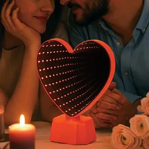 Lampă LED cu efect de oglindă infinită, formă de inimă, roșie, 16x19 cm
