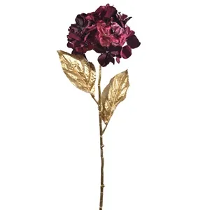 Floare Artificiale de Crăciun Hortensie Bordo cu Frunze Aurii