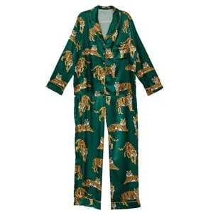 Set Pijama Iarnă Femei Satin Verde Tigrat cu Nasturi