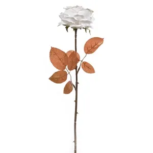 Floare artificiala de Craciun trandafir alb cu tulpina glitter auriu