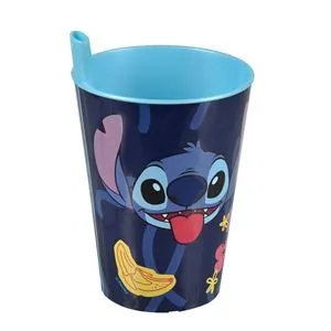 Pahar din plastic cu pai integrat, model Stitch pentru copii
