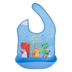 Bavetă Plastică Albastru cu Colector de Alimente Model Dinozaur 24x31cm