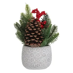 Ghiveci Decorativi de Craciun cu Ramuri și Conuri Ceramic Gri