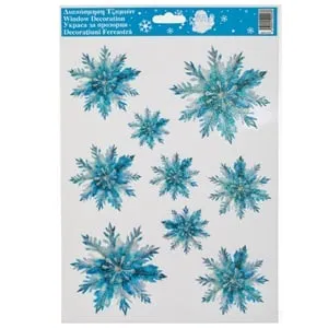 Autocolante Decorative Craciun Fulgi Bleu cu Glitter Argintiu