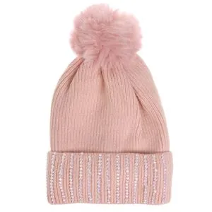 Caciula tricotata cu captuseala fleece si pompon, Roz, pentru femei