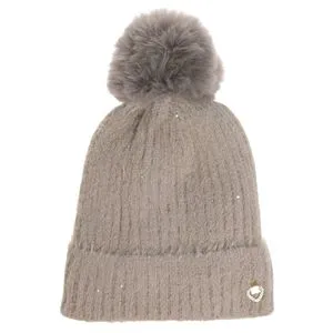 Caciula tricotata cu paiete, captuseala fleece si pompon, Taupe