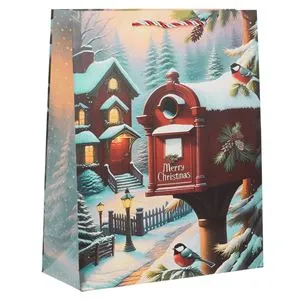 Sacosa cadou de Craciun vintage cu glitter holografic, 26x10x32cm
