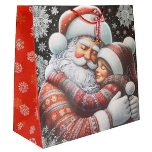 Sacosa cadou de Craciun cu Mos Craciun si fetita, 45x20x45 cm, rosie cu sclipici