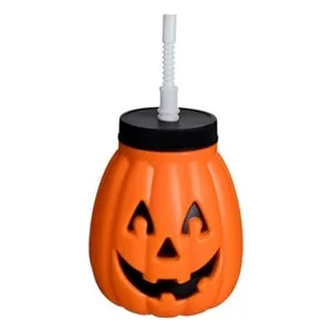 Pahar de Halloween din plastic, Formă de Dovleac, cu Pai, Portocaliu