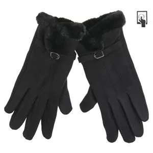 Manusi de iarna pentru femei, negre, cu blana artificiala si varfuri pentru ecrane tactile