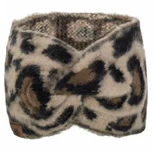 Bentiță lată de iarnă, tricotată, Bej cu model leopard și vinietă maro