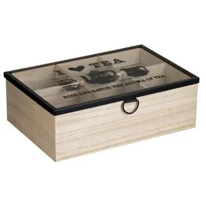 Cutie din Lemn cu 6 Compartimente si Geam pentru Plicuri de Ceai, 24x16x8cm, Bej
