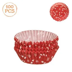 Forme de copt din hartie pentru cupcake, rosii cu model candy, 10,5 cm, 100 bucati