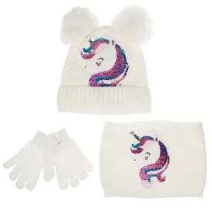 Set Iarnă Unicorn Ecru: Caciulă, Fular și Manusi pentru Copii 6 Ani