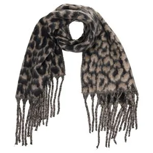 Esarfa dama cu model leopard si franjuri lungi, Bej-Negru, 200x57cm