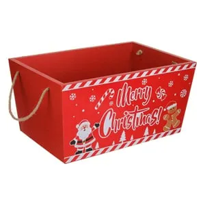 Cosulet Cutie Decorativa de Craciun din Lemn Rosu cu Manere Sfoara