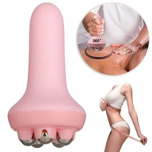 Roller manual de masaj roz cu 5 bile rotative pentru relaxare
