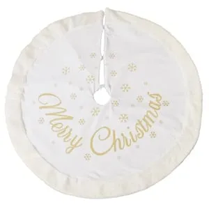 Fusta decorativă pentru brad de Craciun albă catifelată cu fulgi