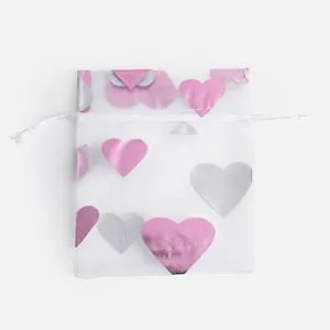 Sac de cadou din organza cu inimioare roz, 13x10 cm