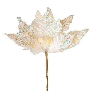 Floare Decorativa de Craciun Ecru cu Glitter Holografic 33cm