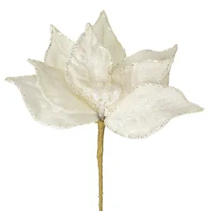 Floare decorativa de Craciun Alba Frosty cu Glitter Argintiu 24cm