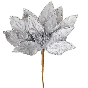 Floare Decorativa de Craciun Gri Catifelat cu Glitter Argintiu