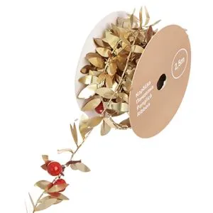 Ghirlanda de Craciun Aurie cu Frunze si Pomusoare Rosii, 2,5m x 27mm