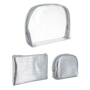 Set 3 portfarduri argintii pentru cosmetice cu fermoar